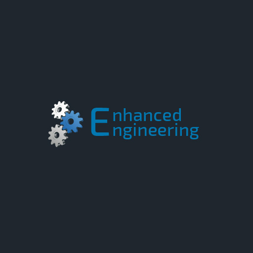Enhanced Engineering AG in blauer farbe mit schwarzem hintergrund und drei zahnräder